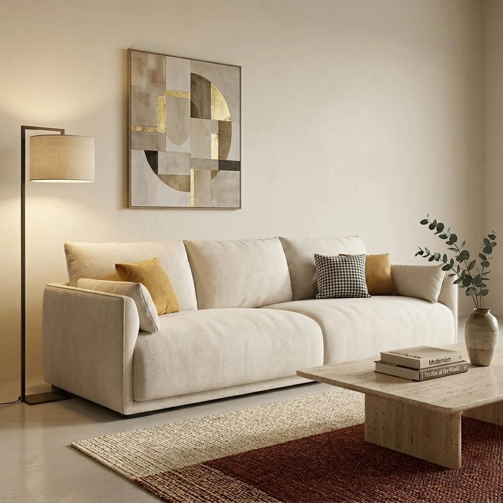 3 Seater Sofa Set with 1 Seater Chair & Ottoman | Modern Luxury Sofa Set for Living Room | Premium Fabric Upholstered Sofa with Cushioned Seating | Wooden Star Furniture view 3