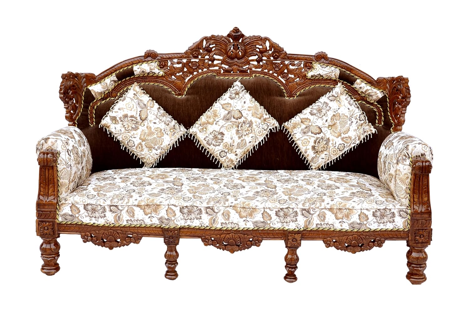 Royal Handcrafted Wooden Sofa Set – 3+1+1 Seater with Intricate Carving, Premium Upholstery & Classic Design view 4