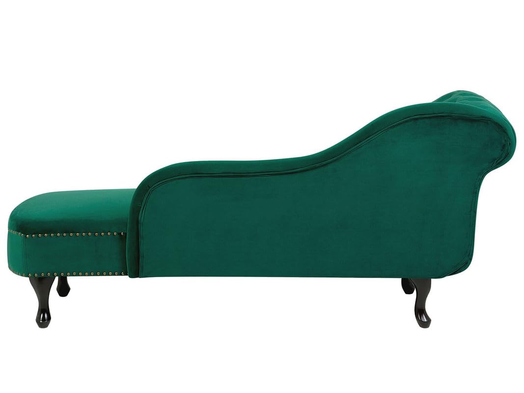 Luxury Green Velvet Chaise Lounge Sofa with Deep Button Tufting, Curved Backrest, Nailhead Trim & Elegant Wooden Legs | Premium Designer Chaise Sofa for Living Room & Bedroom | Wooden Star F view 2