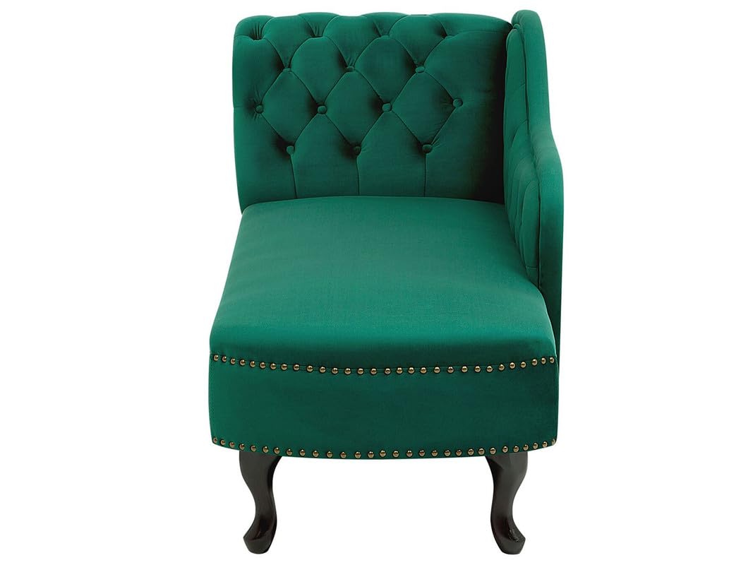 Luxury Green Velvet Chaise Lounge Sofa with Deep Button Tufting, Curved Backrest, Nailhead Trim & Elegant Wooden Legs | Premium Designer Chaise Sofa for Living Room & Bedroom | Wooden Star F view 3