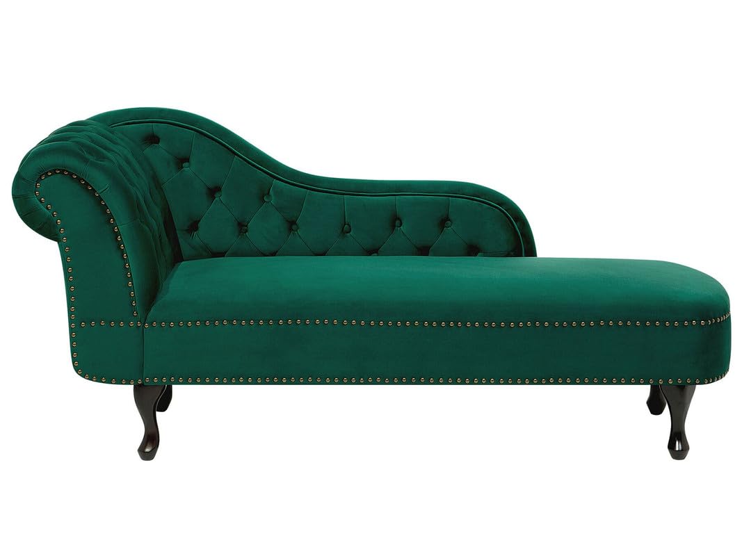 Luxury Green Velvet Chaise Lounge Sofa with Deep Button Tufting, Curved Backrest, Nailhead Trim & Elegant Wooden Legs | Premium Designer Chaise Sofa for Living Room & Bedroom | Wooden Star F view 4
