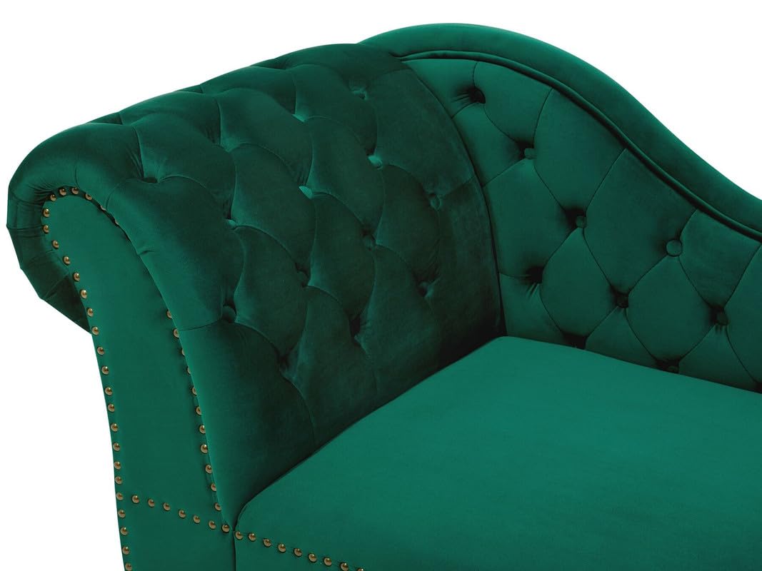 Luxury Green Velvet Chaise Lounge Sofa with Deep Button Tufting, Curved Backrest, Nailhead Trim & Elegant Wooden Legs | Premium Designer Chaise Sofa for Living Room & Bedroom | Wooden Star F view 5