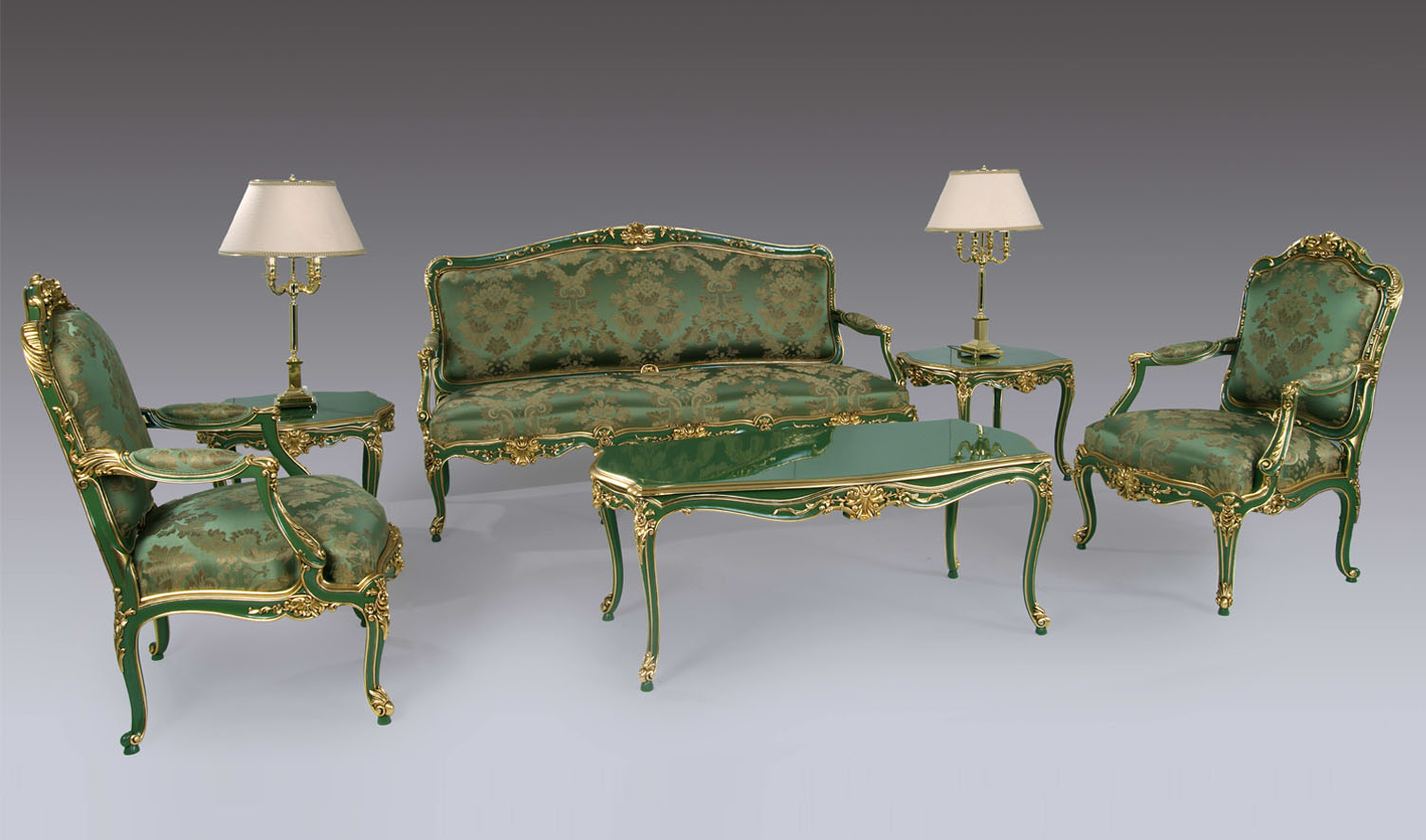 Royal Green & Gold 5 Seater Sofa Set with Intricate Carved Wooden Frame | Luxury 3+1+1 Sofa Set with Matching Coffee Table & Side Tables | Premium Handcrafted Maharaja Sofa Set for Living Ro