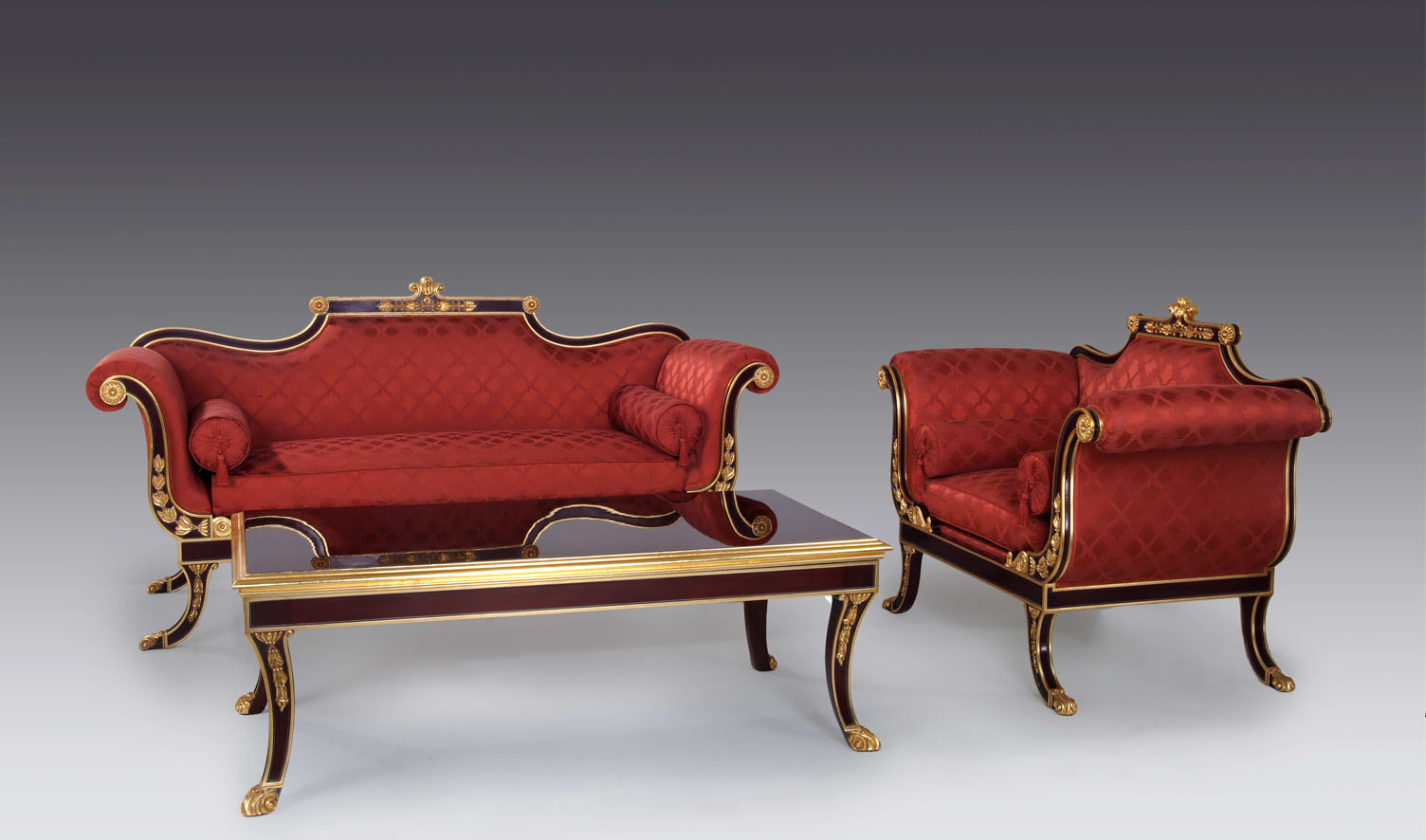 Royal Red 3+1 Sofa Set with Antique Gold Carved Wooden Frame | Luxury Maharaja Style 3 Seater Sofa with Single Seater Chair & Designer Coffee Table | Premium Handcrafted Sofa Set for Living
