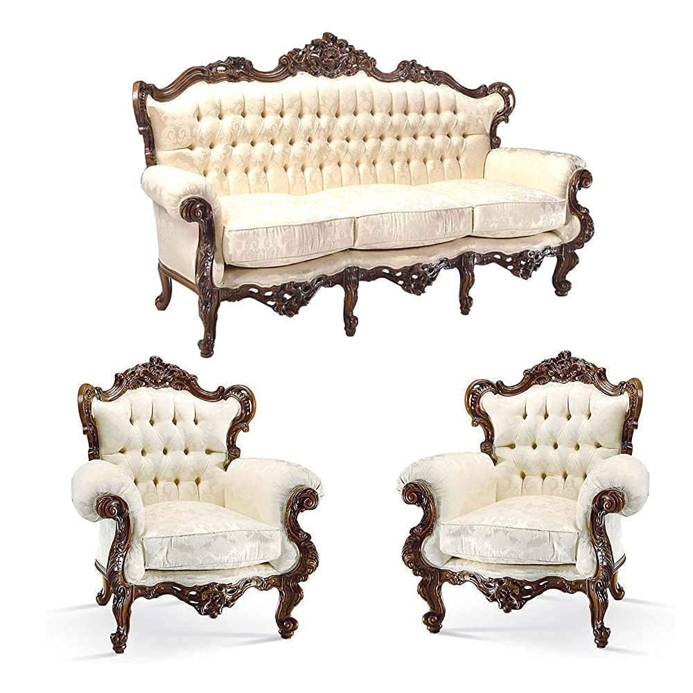 Elevate your living room with this luxury handcrafted wooden sofa set, beautifully designed for a royal and timeless interior. The set features an intricately carved wooden frame, rich dark