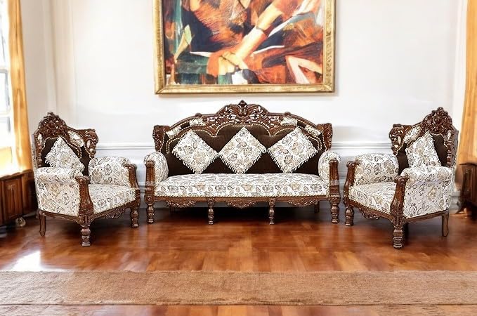 Royal Handcrafted Wooden Sofa Set – 3+1+1 Seater with Intricate Carving, Premium Upholstery & Classic Design
